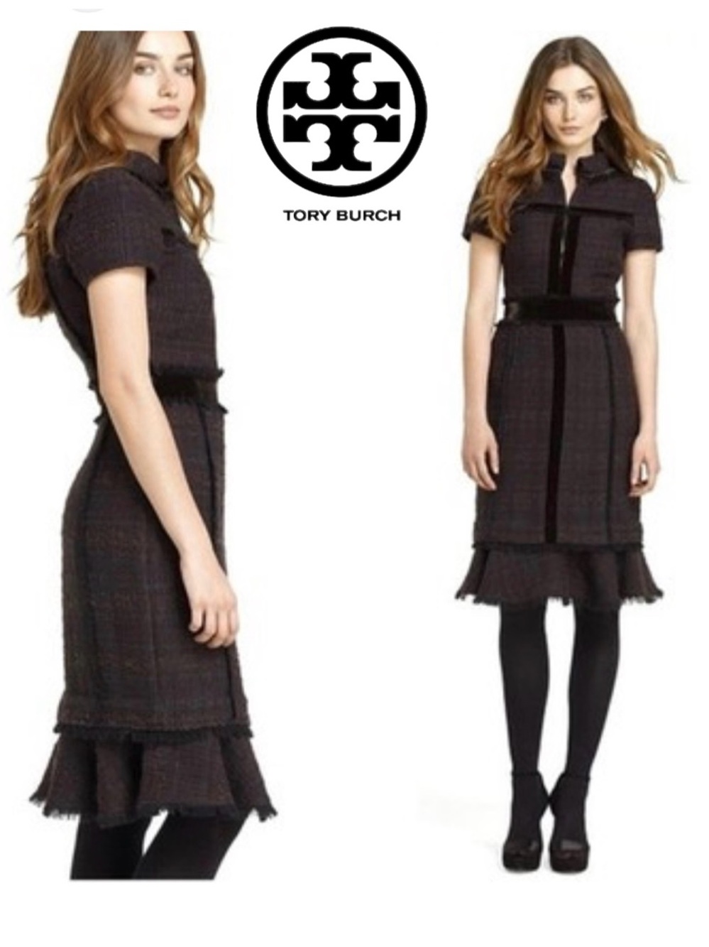 Tory Burch Sz: 4 Ackley Tweed Dress Espresso Silk Fringe & Velvet Trim MSRP $575